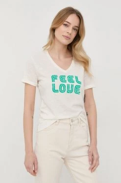 Γυναικεία Κοντομάνικο Μπλουζάκι με λινό μείγμα Morgan μπεζ